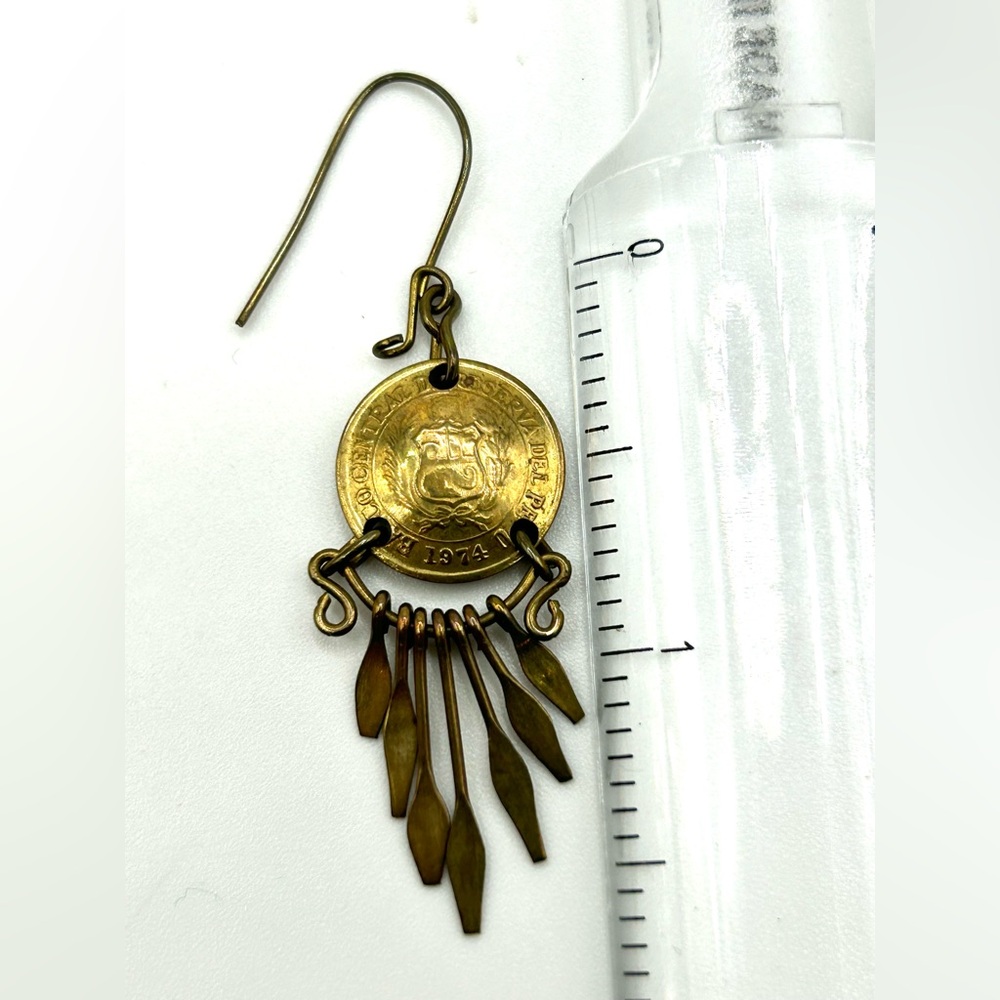 Vintage Boho Festival Brass Tribal Dangle Peruvian Coin Gypsy Fairycore Earrings - Picture 5 of 5
